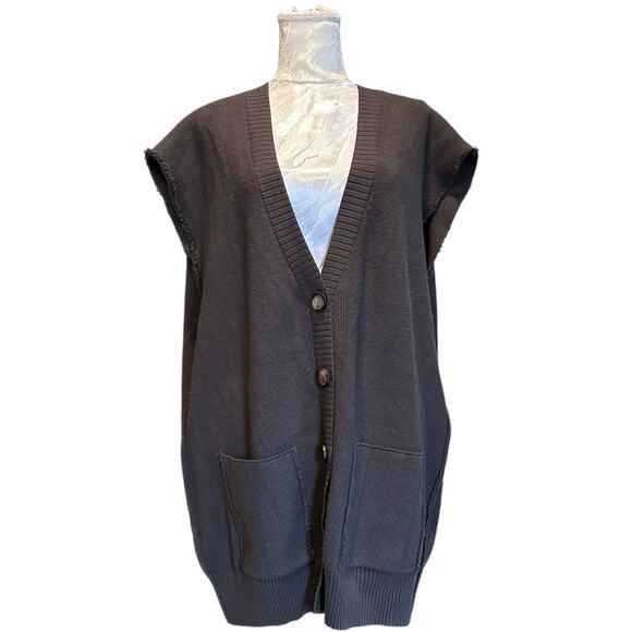 Free People Oakleigh Vest Womens Sz Large Charcoal Gray V Neck Raw Hem Oversize - Picture 1 of 16